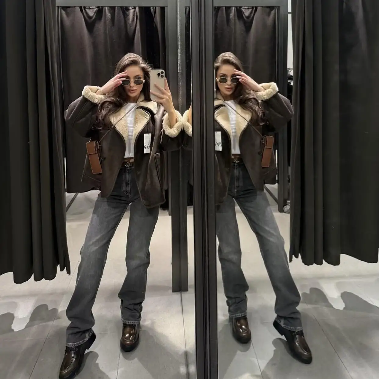 Double-Sided Leather-and-Fur Jaet Autumn 2024 Women's Faion Buttoned Versatile Outerwear Commute Sle Loose Fit Long Sve