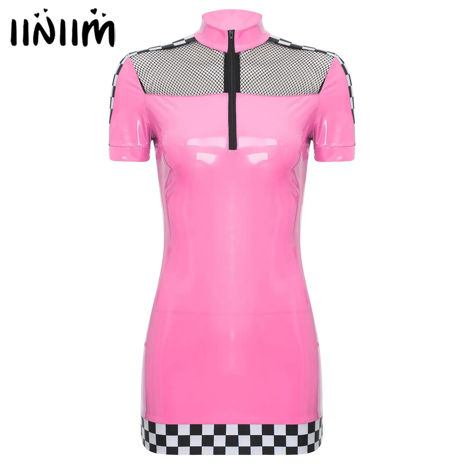 Womens Sexy Racer Driver Mini Dress Checkerboard Short Sleeve See Through Mesh Wet Look Bodycon Dress Cosplay Party Clubwear