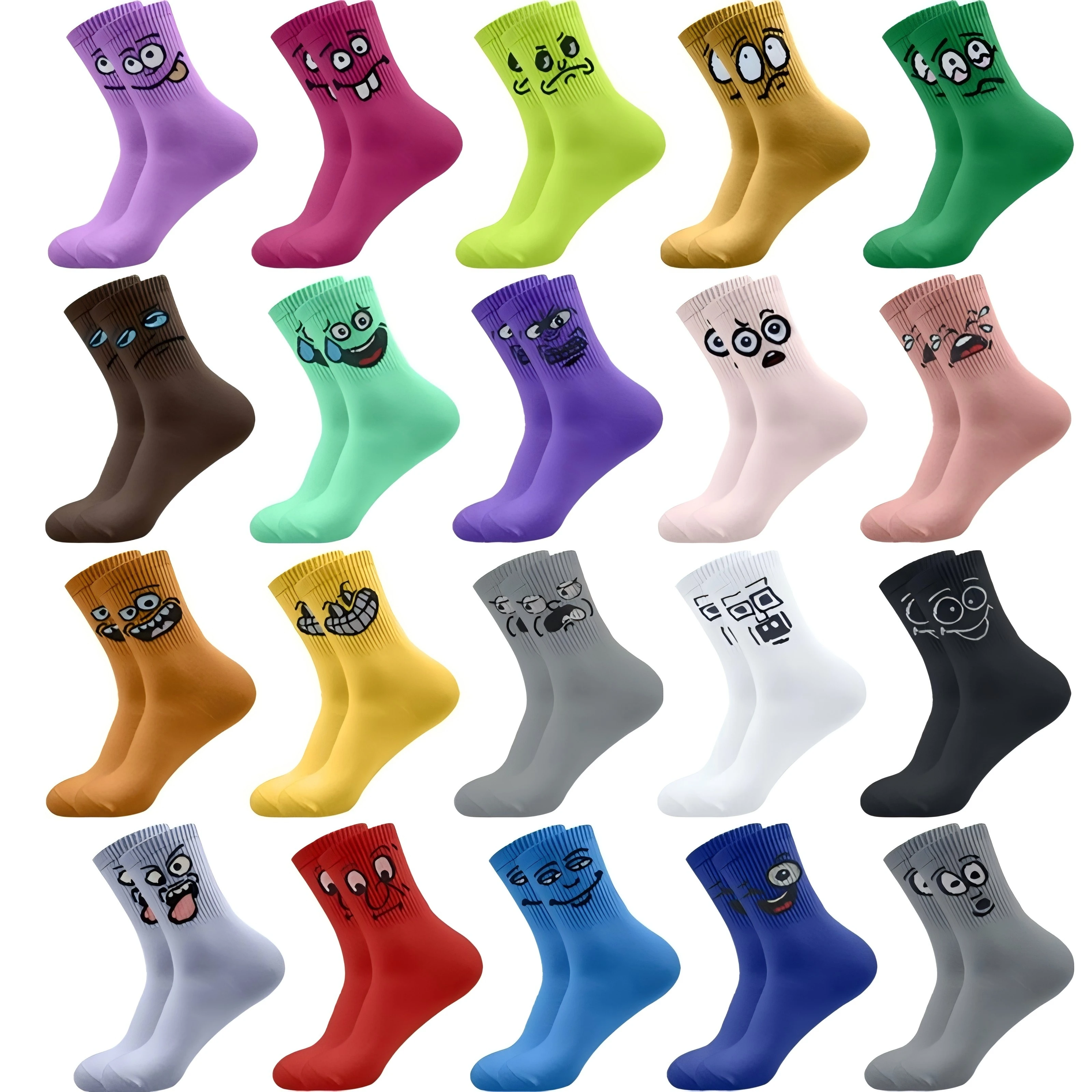 New 1-20Pairs Cute Expression Print Socks – Comfy Funny Mid-Calf Crew Socks, All-Match Men's Women’s Cotton Rich Casual Socks ﻿