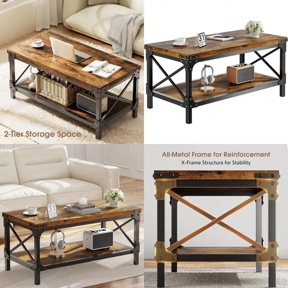 

Industrial 2-Level Rectangular Wood Coffee Table, 40 Long, Rustic Brown with Metal Frame