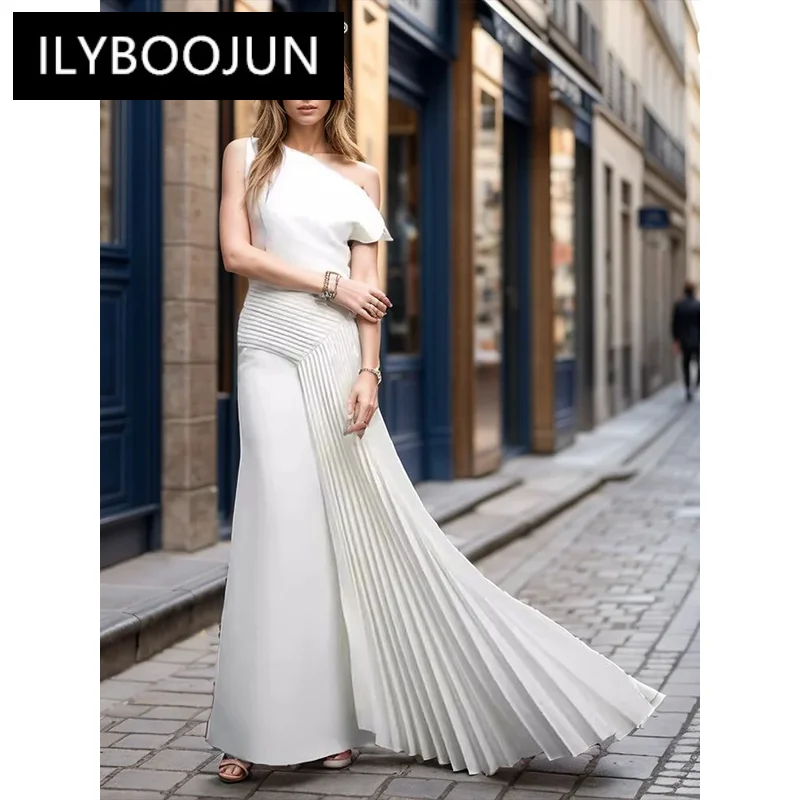 

ILYBOOJUN Party Solid Patchwork Pleated Dress For Women Diagonal Collar Sleeveless Tunic Formal Dresses Female Fashion New