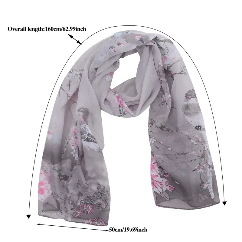 Women Chiffon Scarf Fashion Leisure Butterflies Branch Pattern Long Shawl Versatile Elegant Minimalist Retro Female Scarves