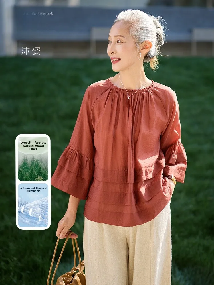 

Muzhi Long Sleeve T-Shirt Shirt for Middle-Aged Women Spring Summer Casual Loose Fit Breathable Thin Top for Mom