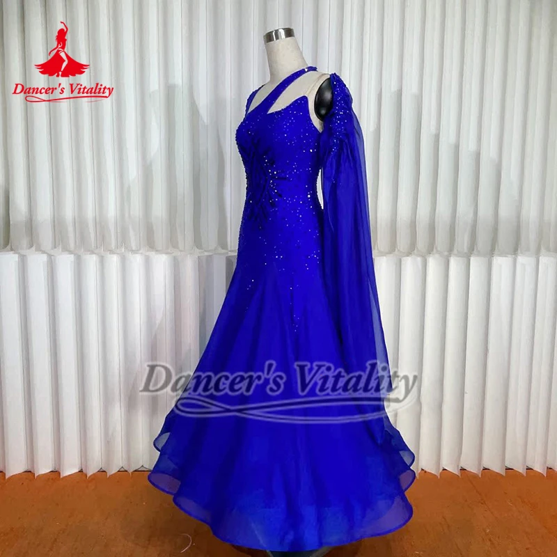 고급스러운 우아함 블루 소셜 댄스 롱 슬리브 드레스 맞춤 성인 왈츠 탱고 대회 및 공연 AB 스톤 의류