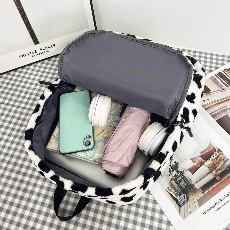 Plush Leopard Backpack Teenagers School Bag Large Capacity Fashion Students Bookbag Stylish Shoulder Backpack TravelOutdoor 2025