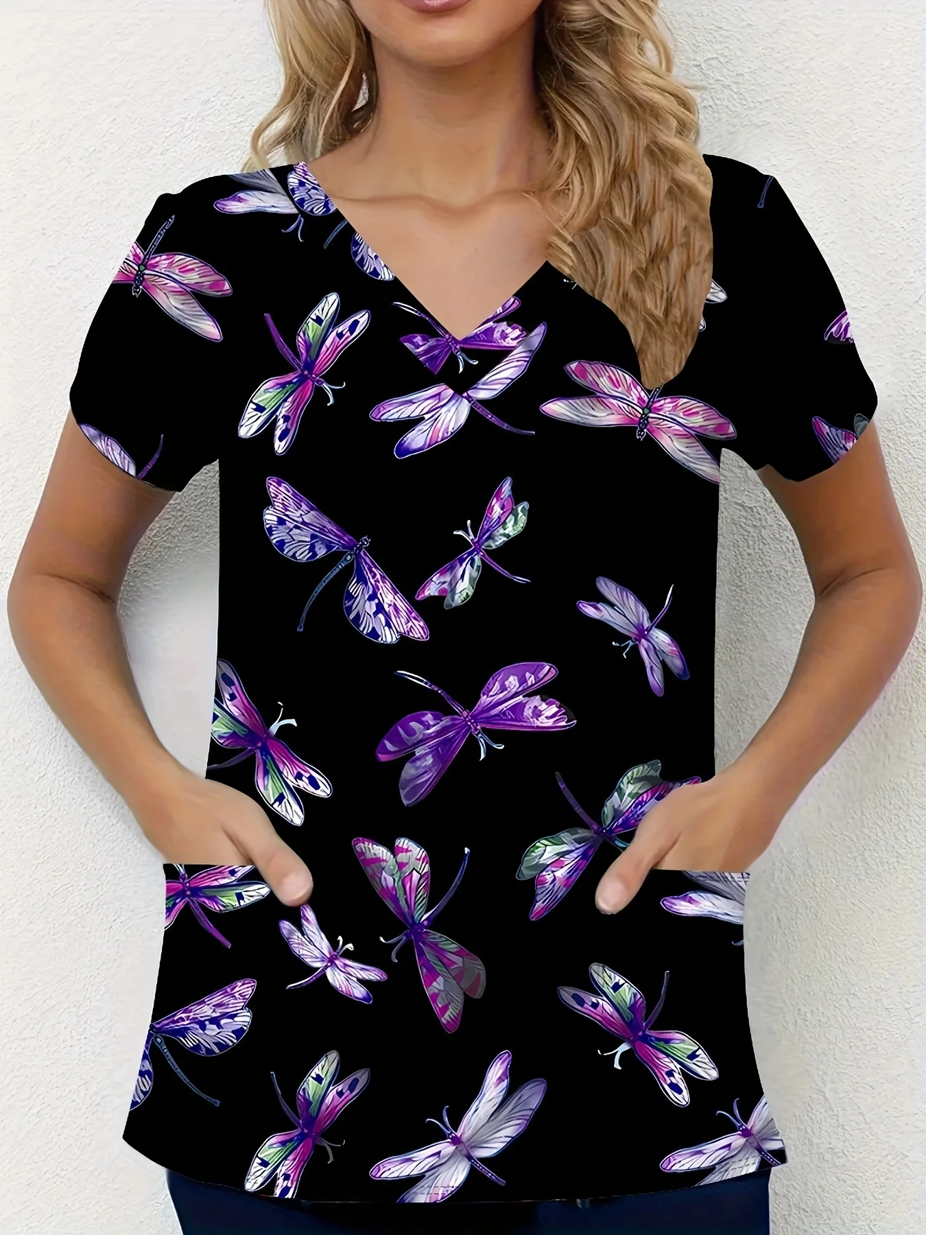 

Dragonfly Print Stretchy Dual Pockets V-neck Top, Comfortable Functional Summer Short Sleeve Uniform For Nurse, Women's Clothing