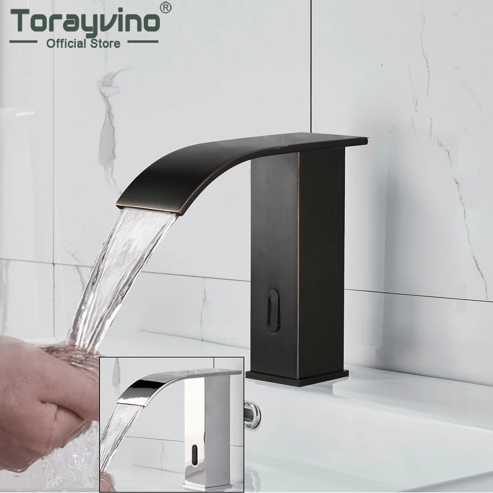 Torayvino Bathroom Chrome Polished Automatic Touch Sensor Faucet Black Deck Mounted Waterfall Solid Brass Sensor Mixer Tap