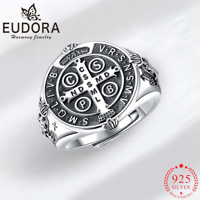 

Eudora Saint Benedict Adjustable Ring 925 Sterling Silver San Benito Cross Ring Protection Jewelry Religious Gift for Men Women