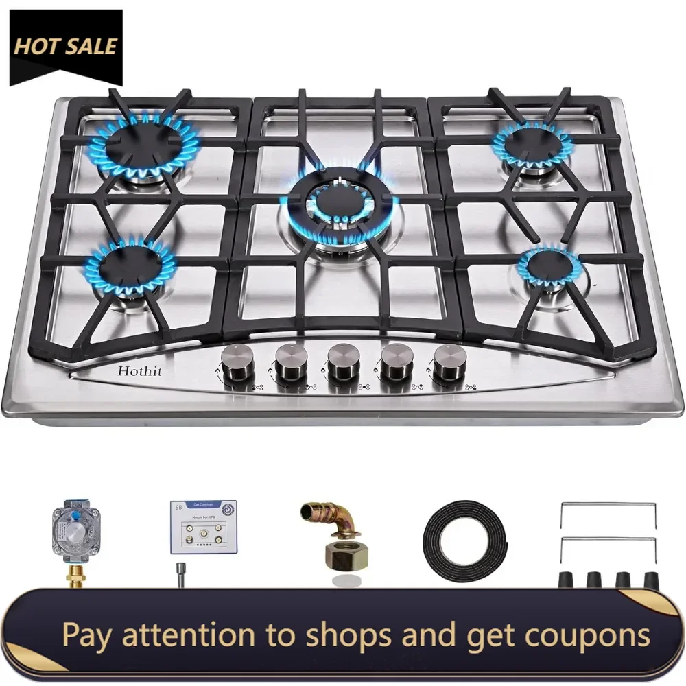 

Propane Gas Cooktop 30" Inch, 5 Burner Built-in Stainless Steel Gas Stove Top，LPG/NG Dual Fuel, Include Pressure Regulator Range