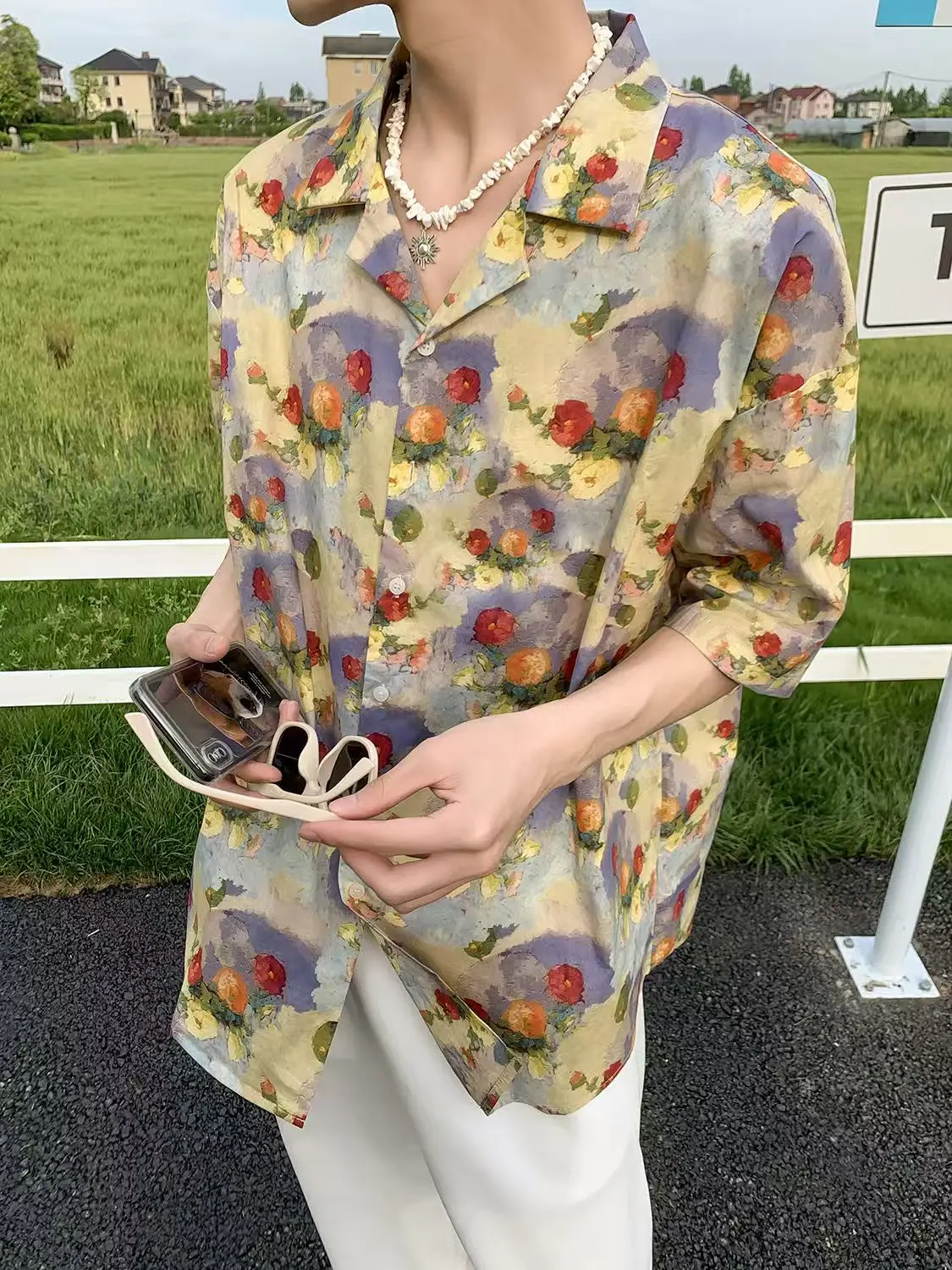 

2025 Summer Vintage Oil Painting Printed Short Sleeve Loose Shirt Women and Men Cuban Collar Handsome Shirts Korean Retro Blouse