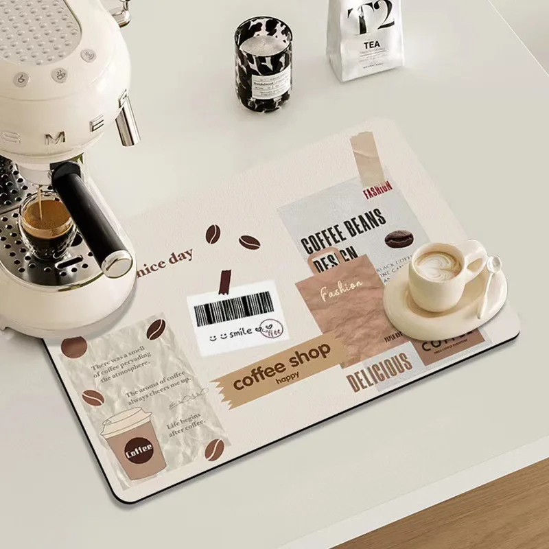 Coffee Theme Draining Mat Minimalist Pattern Coffee Bar Mat Heat Resistant Non-Slip Kitchen Countertop Protectors Mat