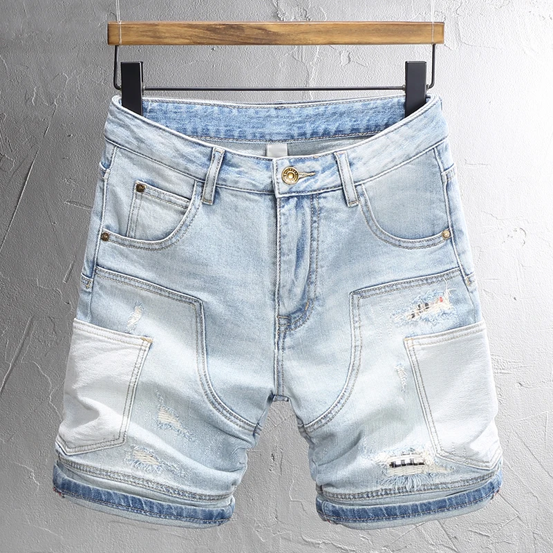 

Fashion Designer Men Jeans Summer Retro Light Blue Stretch Slim Fit Ripped Short Jeans Homme Patched Hip Hop Denim Shorts Men