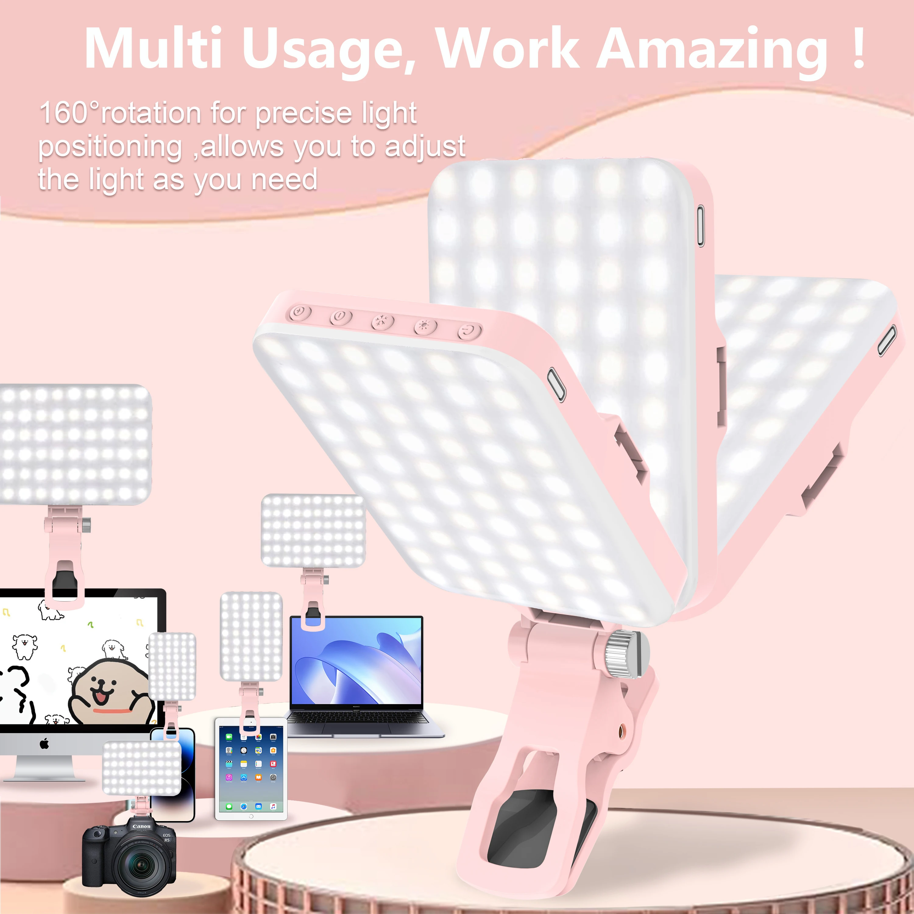 LED Selfie Light 60 High Power Rechargeable Clip Fill Video Light for Phone iPad with Front & Back Clip Adjusted 3 Light Modes