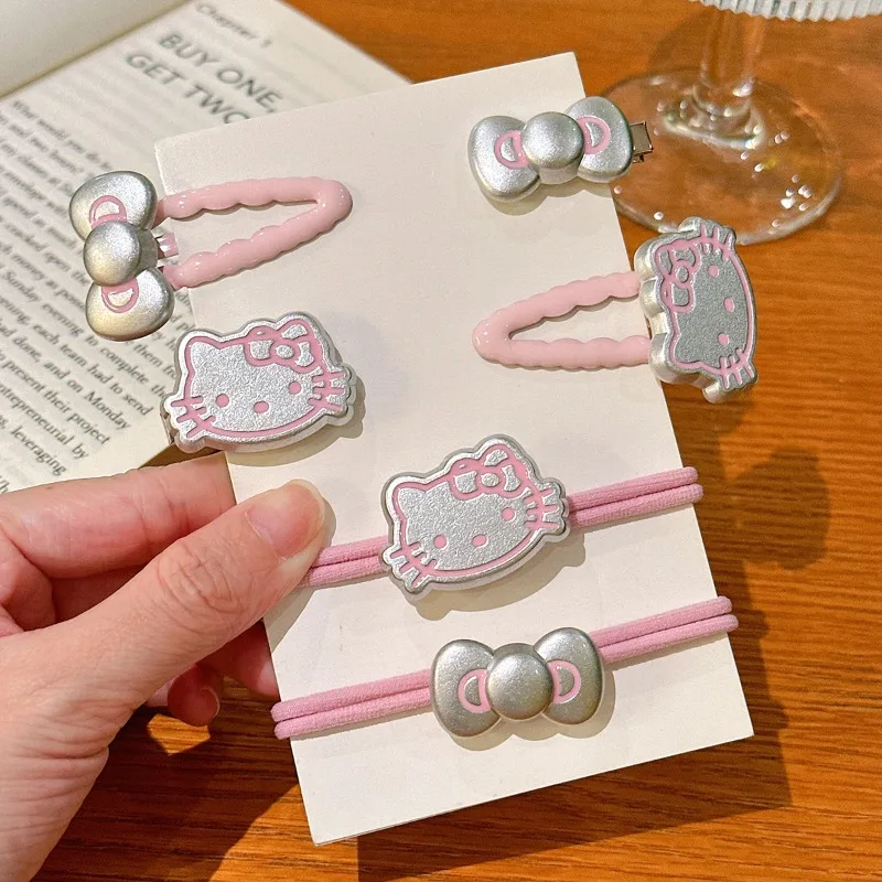 

6Pcs Cartoon Hello Kitty Hair Clip Hair Rope Set Cute Anime KT Cat Pink Girlish Heart Hairpin Girls Hair Accessories Gifts