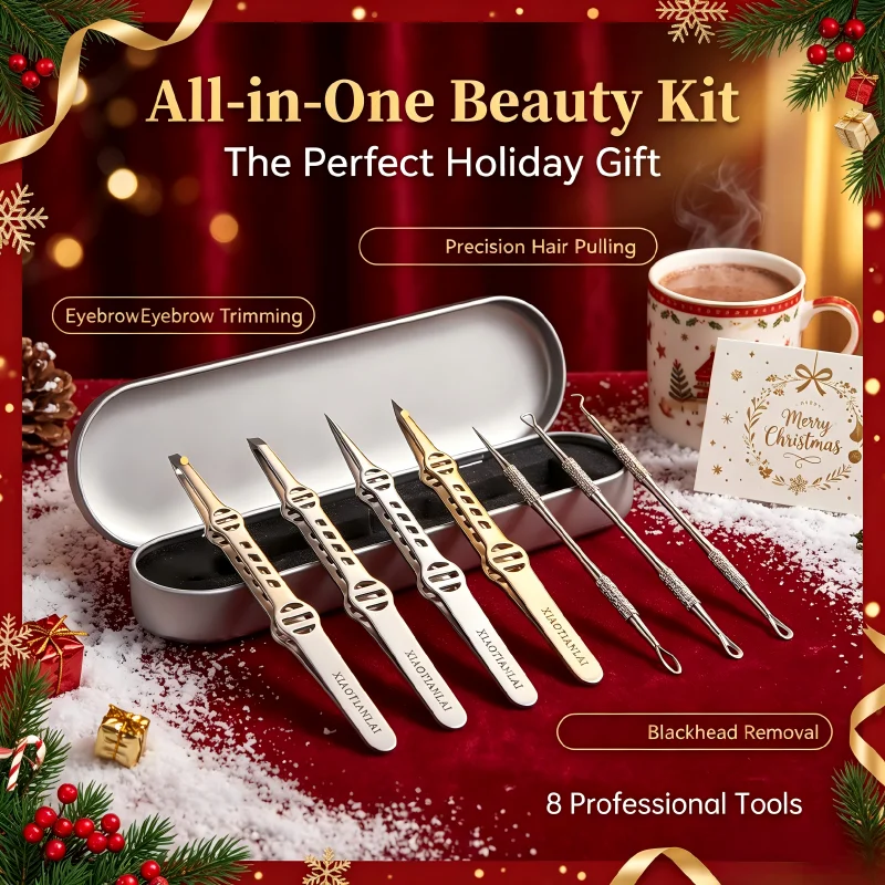 7-piece stainless steel hair removal tweezers and acne tool set, blackhead remover, acne needle, eyebrow tweezers, white hair plucking tweezers, beard clipper, portable storage box, small Christmas gift