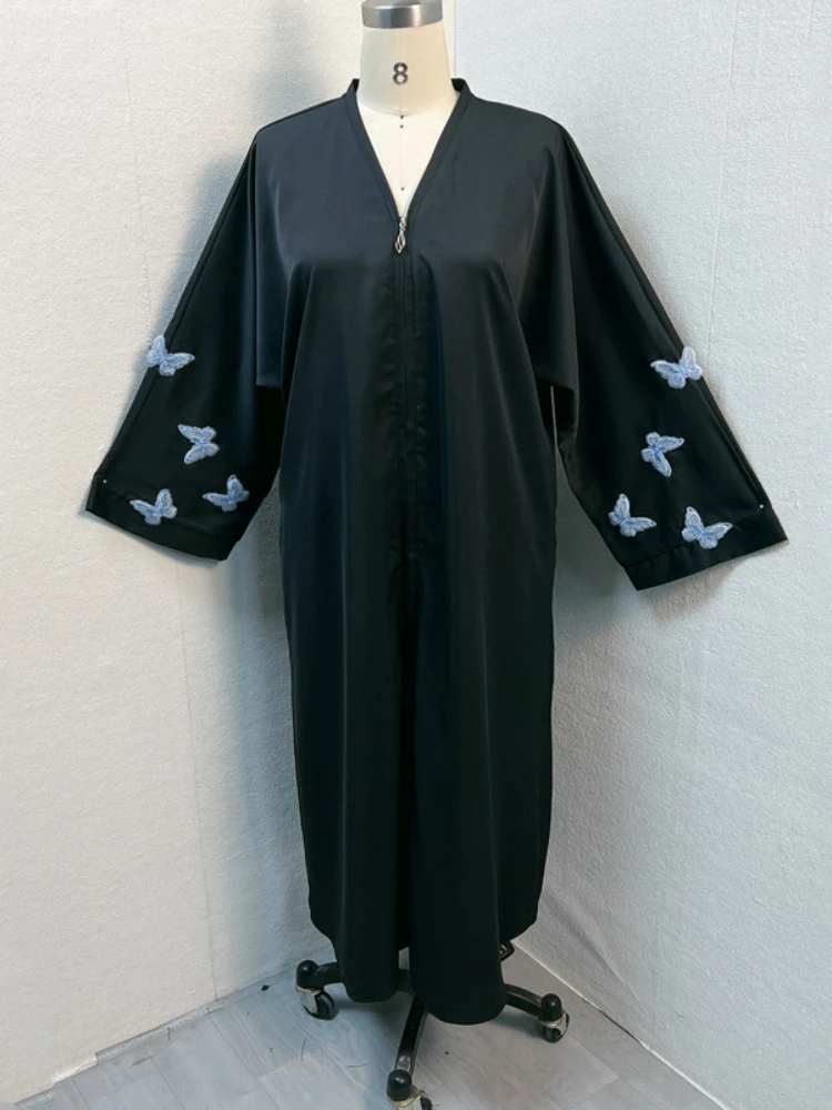 Eid Muslim Abayas for Women Butterfly Embroidery Zipper Up Cardigan Party Abaya Caftan Ramadan Dubai Arab Long Robe 2024 Dress