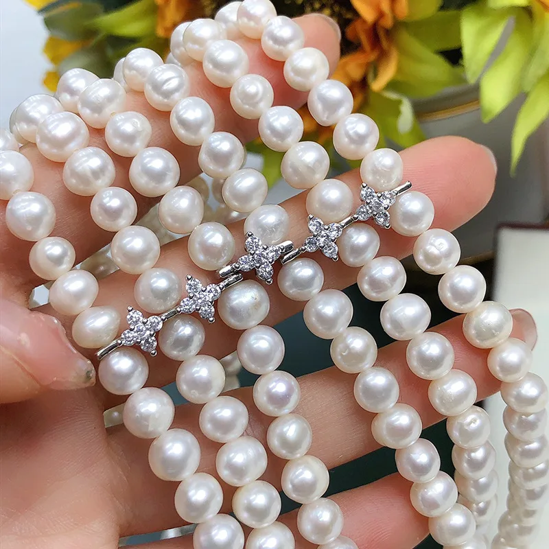 3rows freshwater pearl white near round 6-7mm and green zircon pendant long necklace 80cm