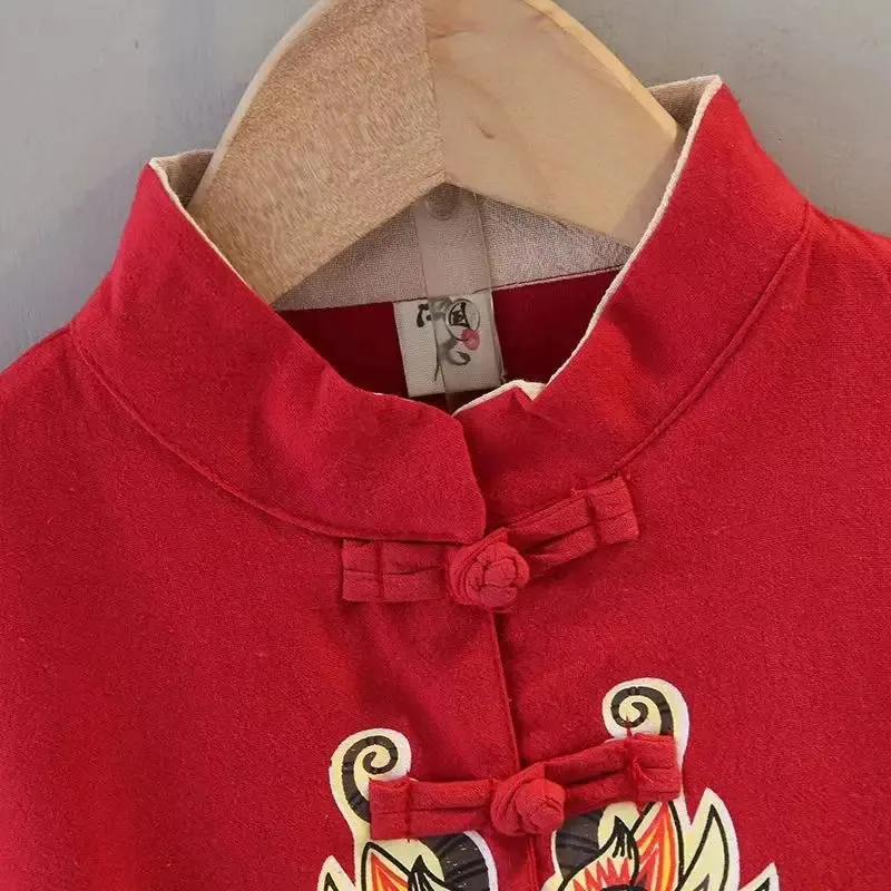 الصيف النمط الصيني القطن الكتان الأحمر التنين التطريز تانغ دعوى الفتيان الفتيات أزياء الطفل السنة الجديدة الملابس تاي تشي الملابس