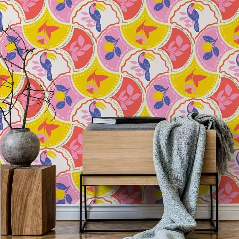 Tropical Dreams In Bold Colors Wallpaper Peel and Stick,Hand Draw Wall Mural For Home Decor, Self-adhesive Or Traditional Papers