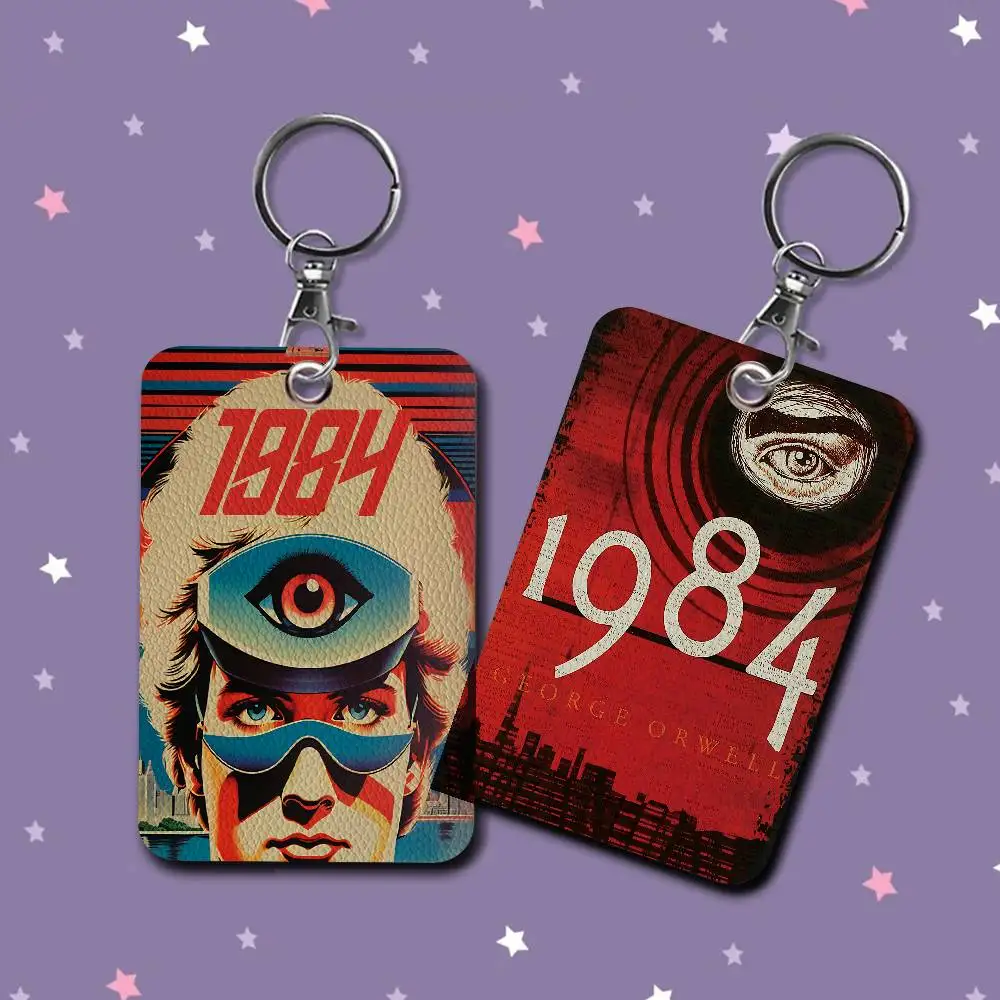 1984 George Orwell Movie Rectangle ID Card Case Keychain Access Card Bag Key Tag Ring Leather Card Holder Key Ring Access