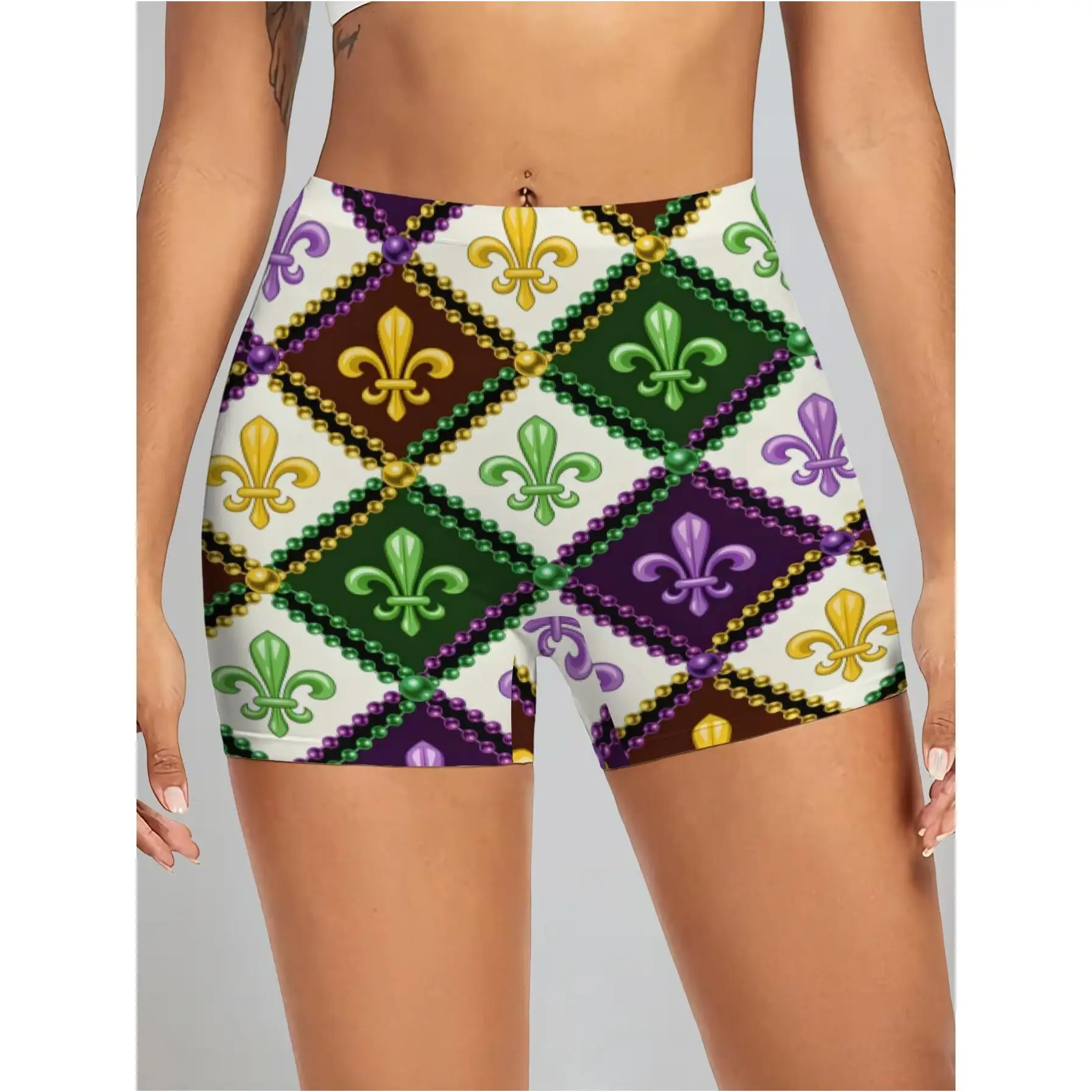 

Женские быстросохнущие спортивные шорты с узором Fleur De Lis в стиле Марди Гра, фиолетового и золотого цветов - легкие, для парадов