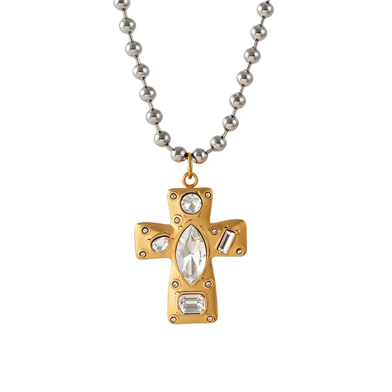 Titanium Steel Mixed-color Necklace Featuring a Cross, Heart, and Star Motif, Accented with a Bead-holding Clasp and Inlaid With - view 3