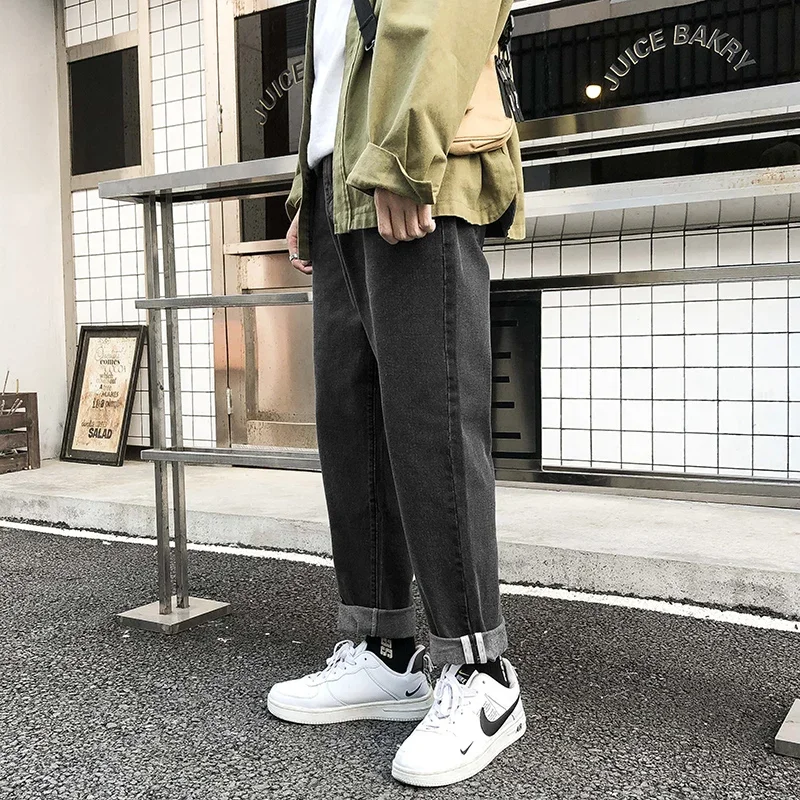 

TFETTERS Brand Korean Fashion Men Jeans Spring and Summer Mid Straight Full Length Pants Men Solid Color Casual Loose Jeans Men