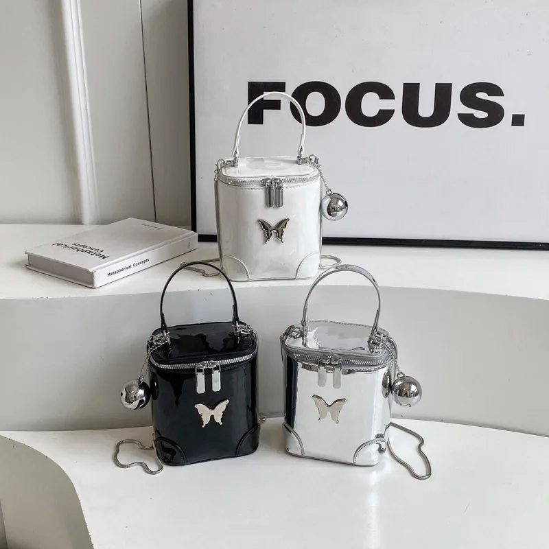 Black Patent Leather Box Bag Chic Butterfly Bucket Bag Fashion Versatile Single Shoulder Elegant Chain Handbag Lady Party Bag