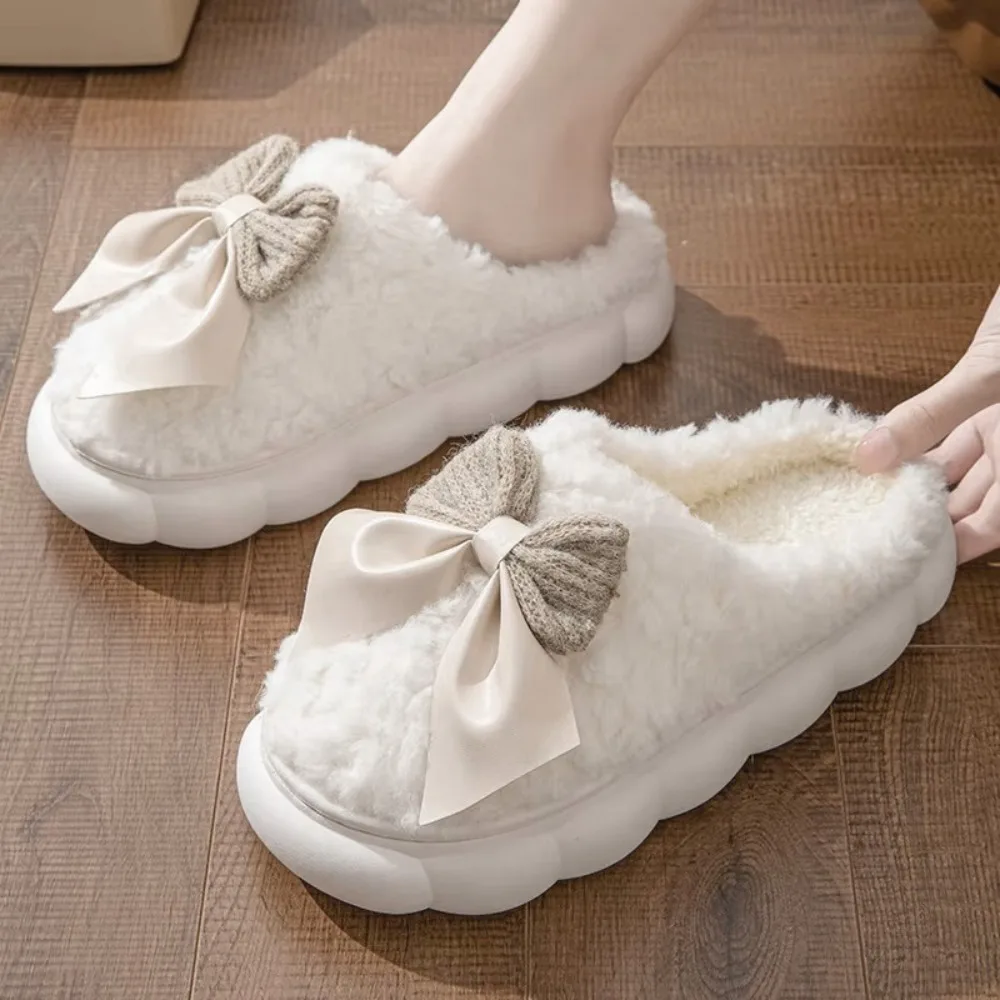 

Comfort Anti Slip Warm Fur Slippers Flat Heel Student Winter Warm Slippers Home Bedroom Fluffy Bow Slippers Women