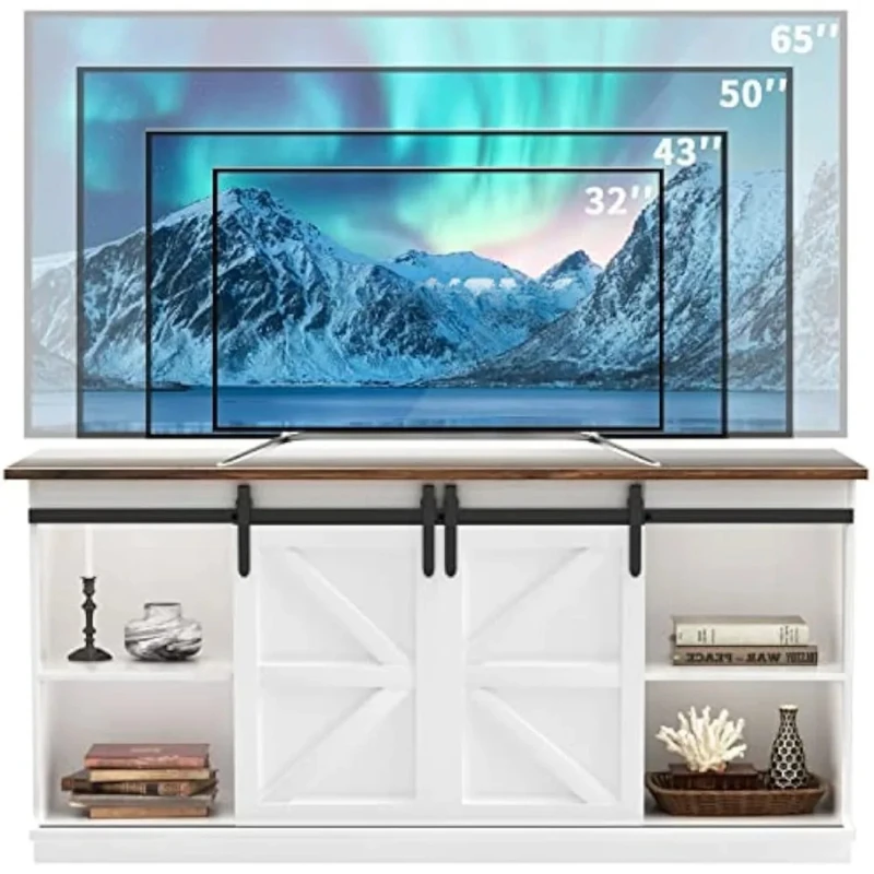 TV Stand Barn Doors and Storage Cabinets, Entertainment Center Console Table, Media Furniture for Living Room, 58 Inch, White