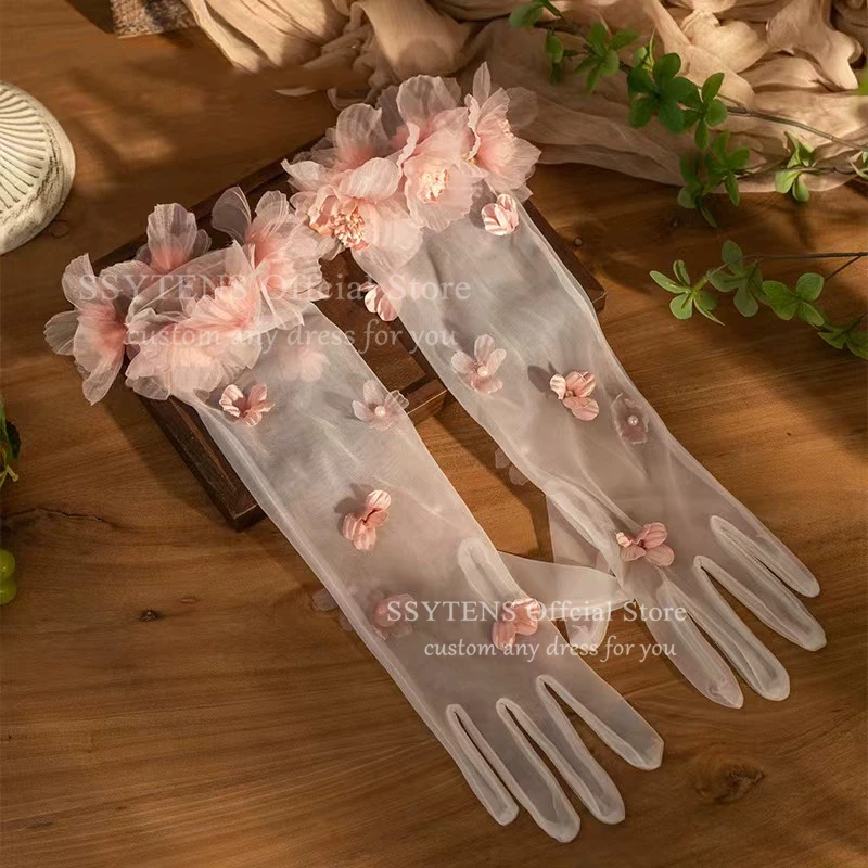 قفازات زفاف طويلة من التول الأبيض الوردي الحلو حالمة جديدة - إكسسوارات فستان سهرة أنيقة لحفلات الزفاف لوصيفة العروس #5