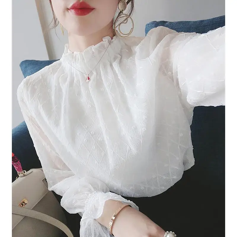 Elegant Embroidery Ruffled Neck Flare Sleeve Oversized Chiffon Shirt 2022 New Casual Tops Loose Commute Women\'s Clothing Blouse