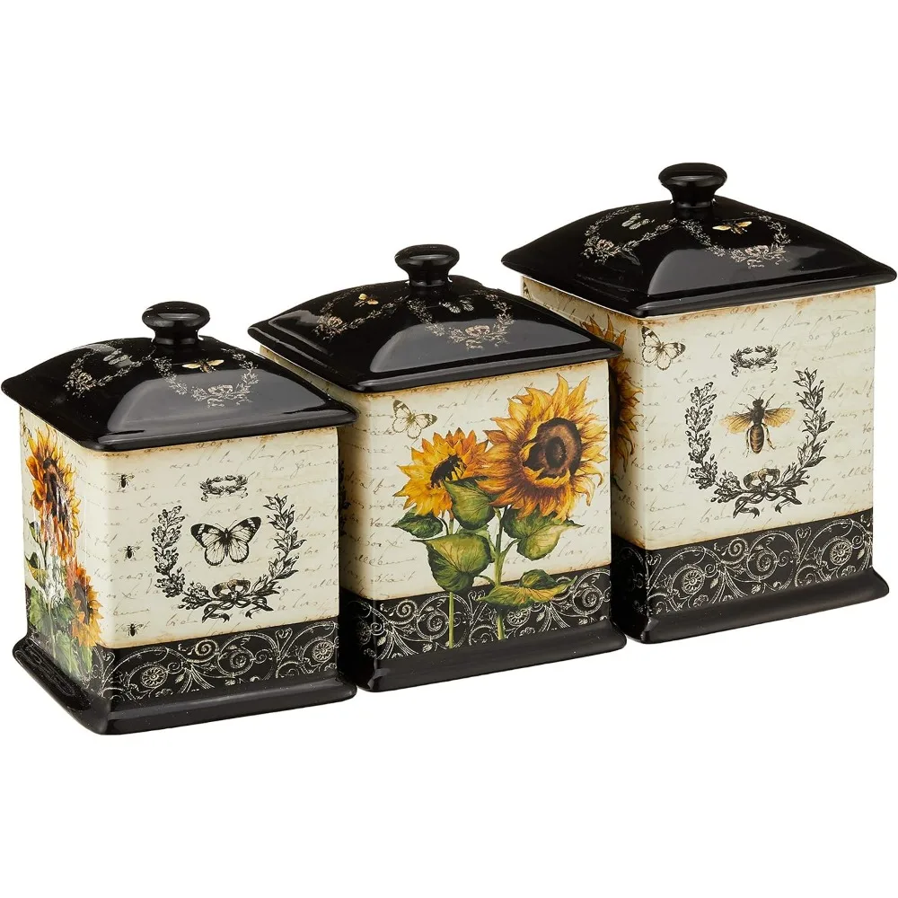

French Sunflower Ceramic Canister Set of 3 with Lids, Vintage Floral Bee Butterfly Design, Kitchen Storage Jars