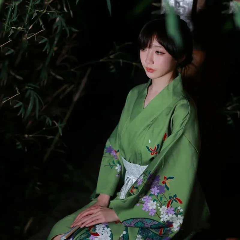 女性のための緑の花柄のバスローブ,日本の着物,シンプルでエレガントなドレス,アニメのドラムコスプレ,ハロウィメンズウェア