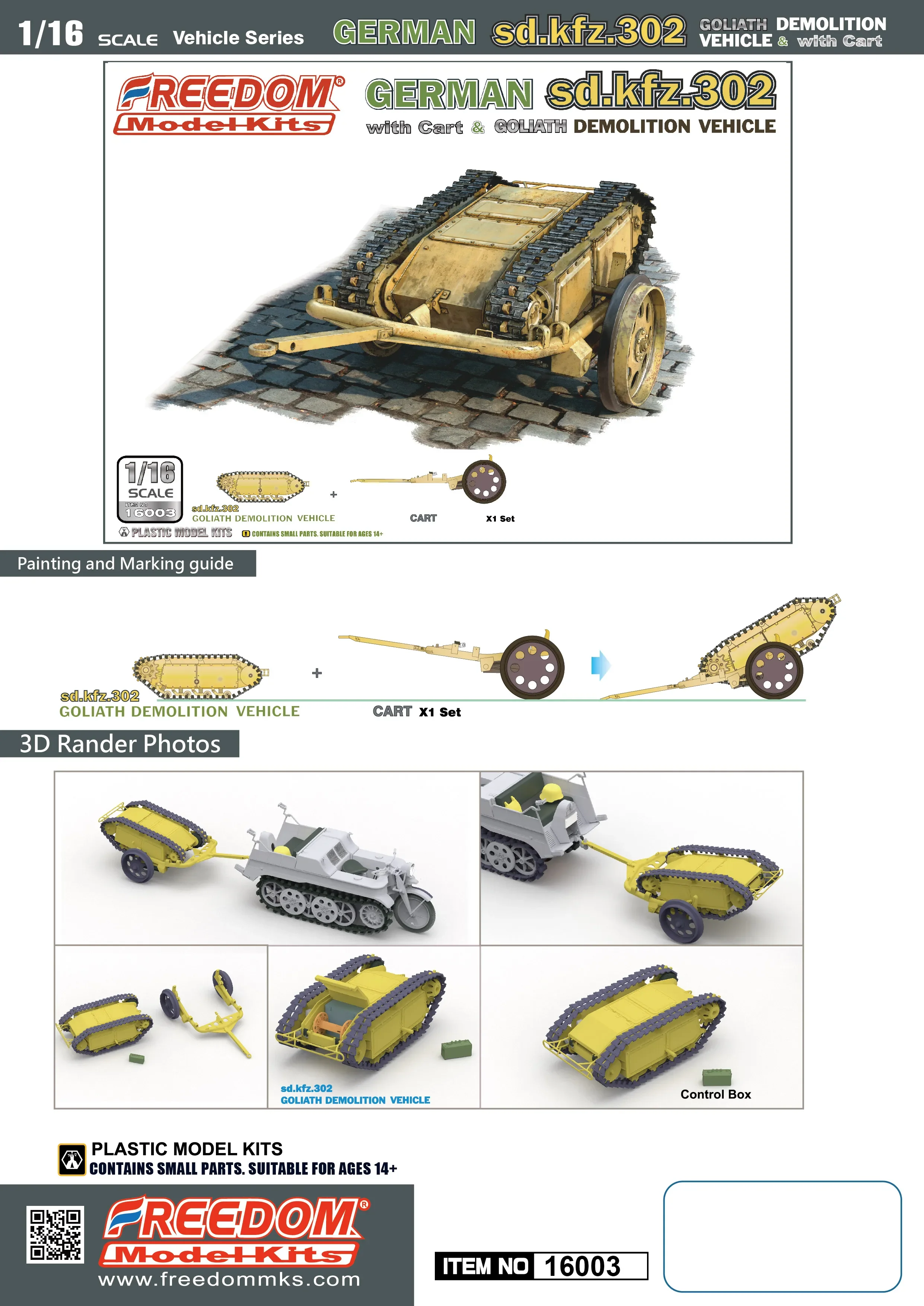 Kit de modelo de ensamblaje de libertad F16003SP Sd. Kfz 302 Carro de vehículo de demolición Goliath con soldado de resina escala 1/16