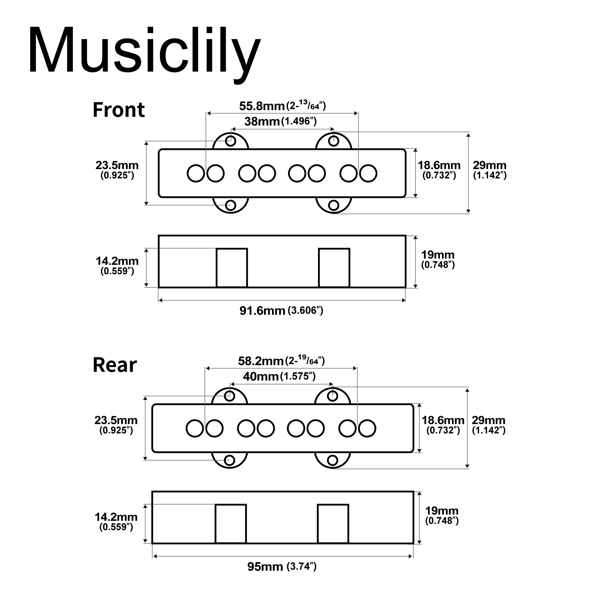 Musiclily Pro Plastic Jazz Bass Pickup Covers Set for Fender J Bass, Black (Set of 2)