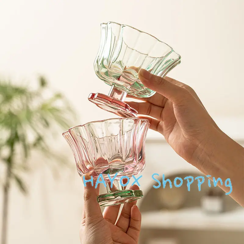 Creative Petal Small Glass Cup，Dessert Cup Advanced Sense Oat Mug Glass Ladies High Appearance Level Milk Mug Juice Water Cups