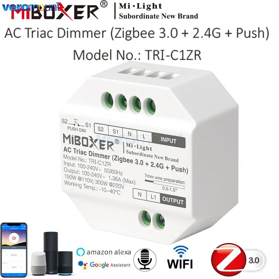 

Miboxer TRI-C1ZR Zigbee 3,0 + 2,4G + нажимной триак переменного тока, диммер, кнопочный переключатель, 110-240 В, приложение/голос/дистанционное управление для триаческих светодиодных ламп с регулируемой яркостью