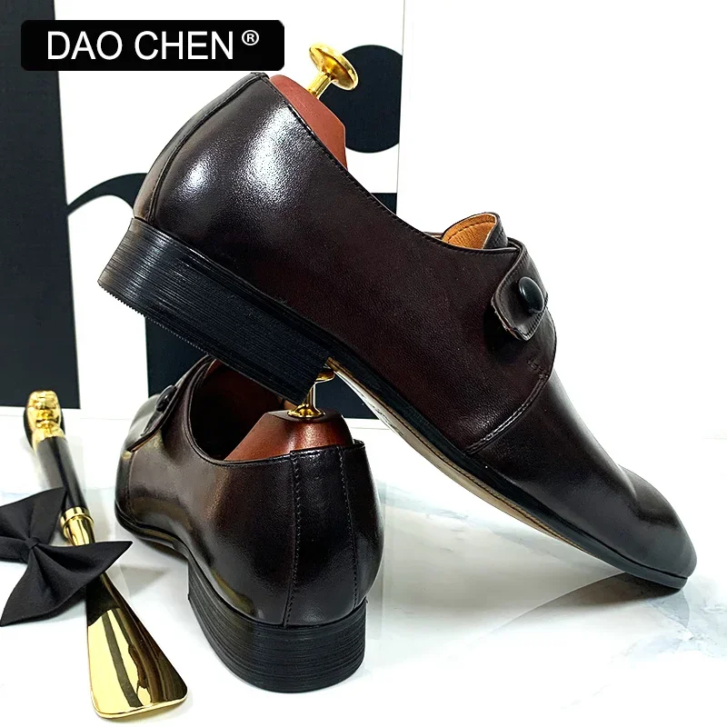 DAOCHEN MEN LEATHER SHOES BLACK COFFEE MONK STRAP LOAFERS SLIP ON LUXURY BRAND CASUAL DRESS WEDDING OFFICE SHOES FOR MEN