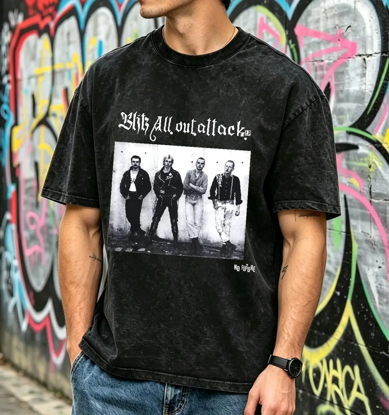 washed T Shirt Blitz Men's All Out Attack Large Black vintage Washed Soft streetwear fashion Stylish homme Stretched