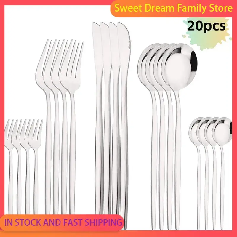 

Emption!Silverware 20Pcs Stainless Steel Cutlery Set Dinnerware Spoon Fork Dinner Steak Knife Fruit Kitchen Tableware Silver