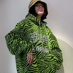 Sudaderas con capucha con estampado de cebra para mujer, ropa de calle holgada Harajuku de gran tamaño, color verde neón, moda para estudiantes, Bf