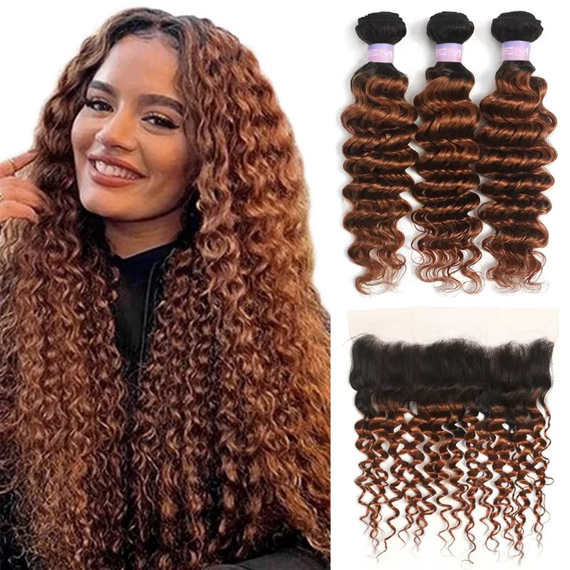 Deep Wave Bundles With Frontal Ombre Brown Colored Human Hair Weave Bundles With Closure 13X4 Brazilian Remy Hair Extension