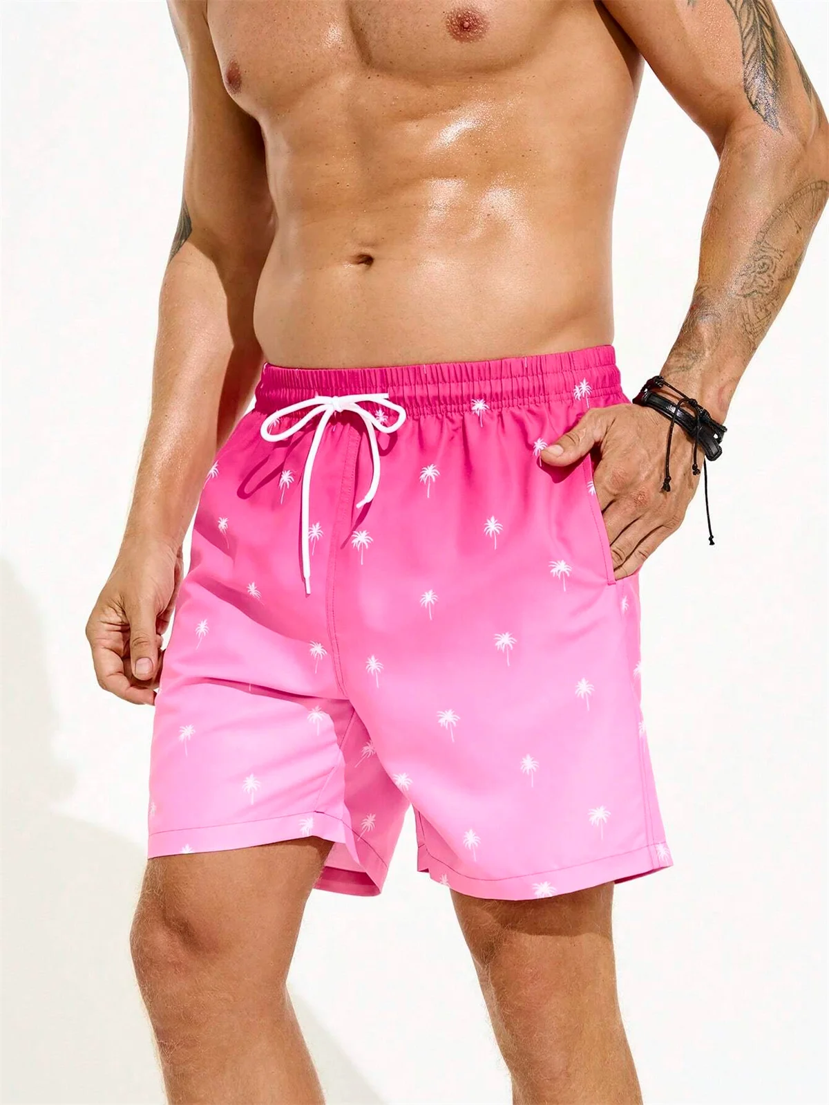 Men\'s Beach Shorts Gradient Color Block Drawstring Summer Men\'s swim Trunks Elastic Waist 3D Print Breathable Short Streetwear