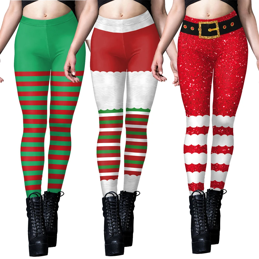 

Christmas Women's Leggings Striped Print Tights Polyester Spandex Blended Elastic Waist Autumn and Winter Clothing