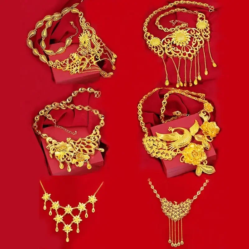 Vietnam Sand Gold 18K Necklace Set Chinese Ethnic Wind Dragon Phoenix Wedding Women Necklace Plated Real 24K Gold Plated Jewelry