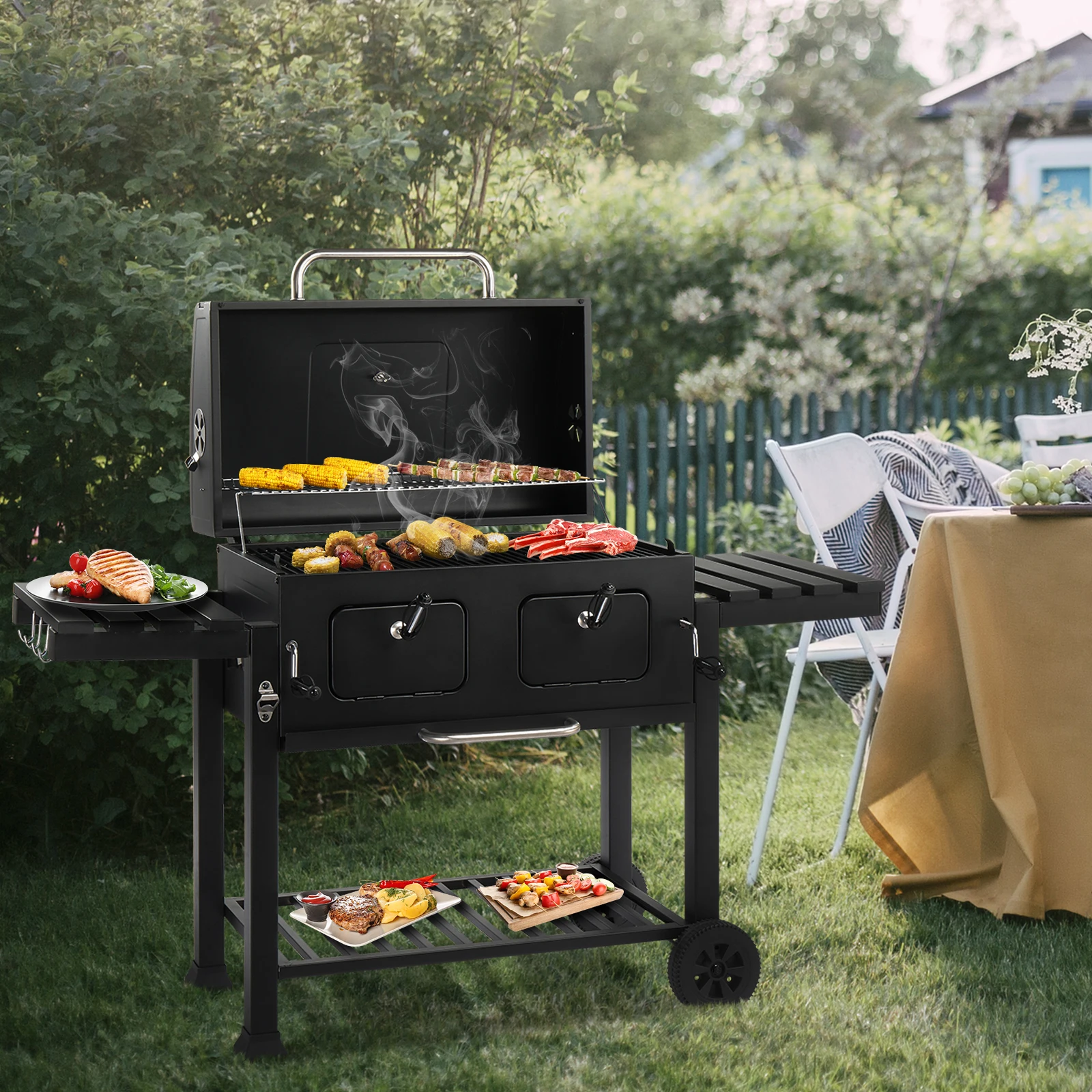 

Charcoal Grill Outdoor BBQ Grill, Extra Large Cooking Area with Two Individual & Adjustable Charcoal Doors, Foldable Side Tables