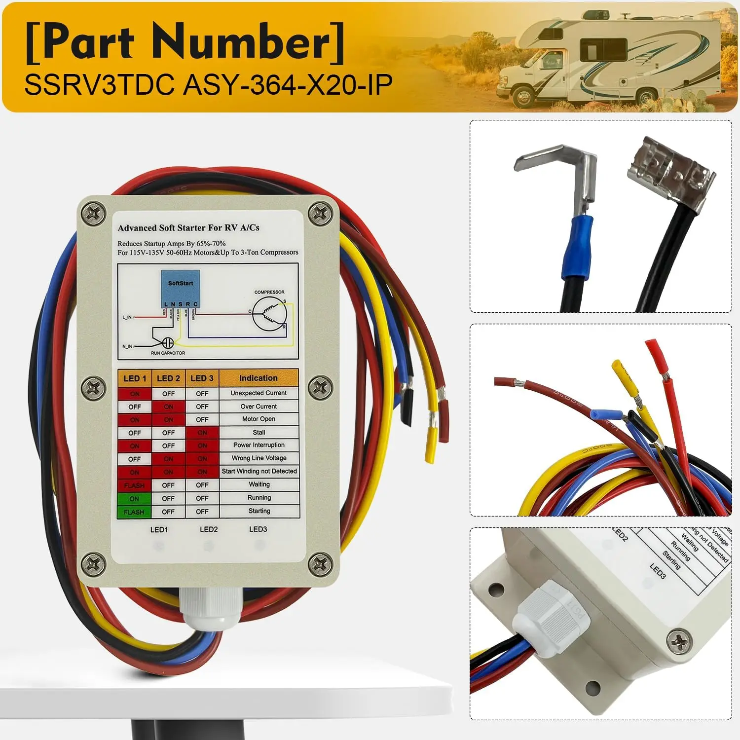 SSRV3TDC ASY-364-X20-IP Air Conditioner Soft Start for Travel Trailer Accessories, Soft Start Up for RV 115 Volt A/C Motor