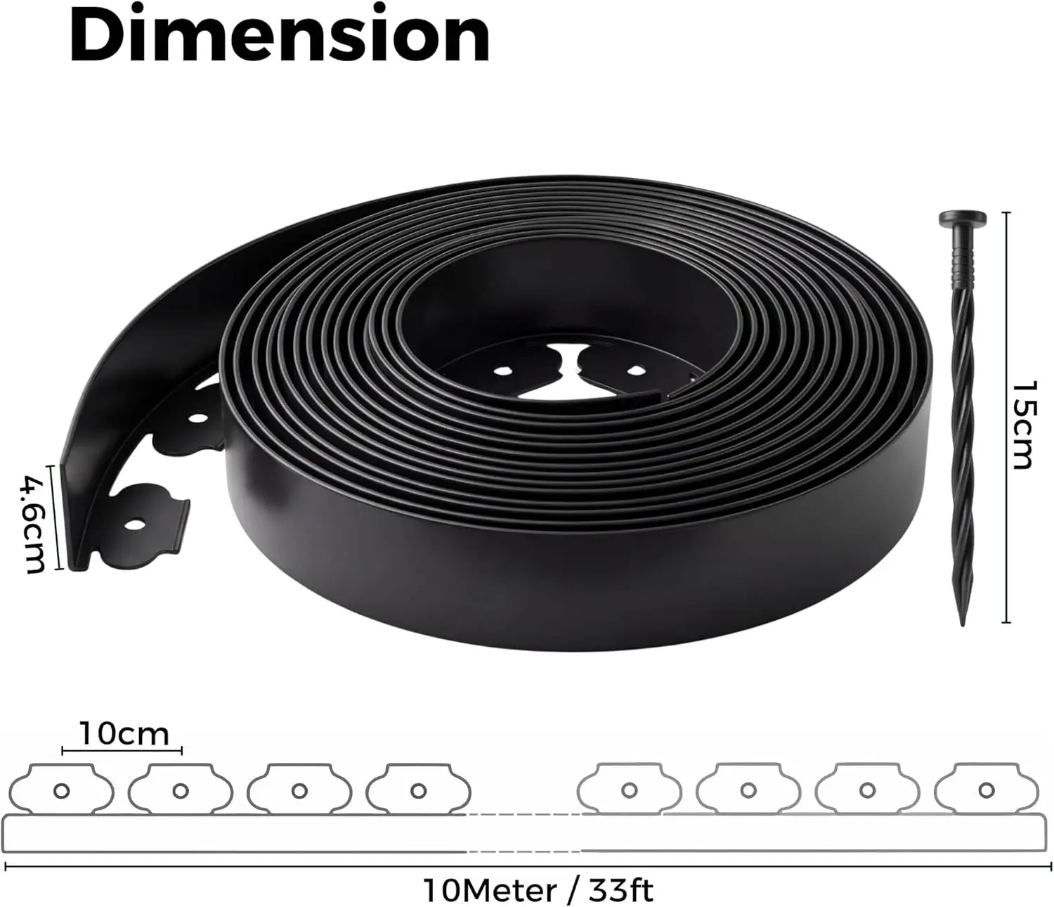 Garden Edging Border, 33FT/10M Black Flexible Plastic Lawn Edging with 30 Reinforced Pegs, 4.6CM High Lawn Edging Border