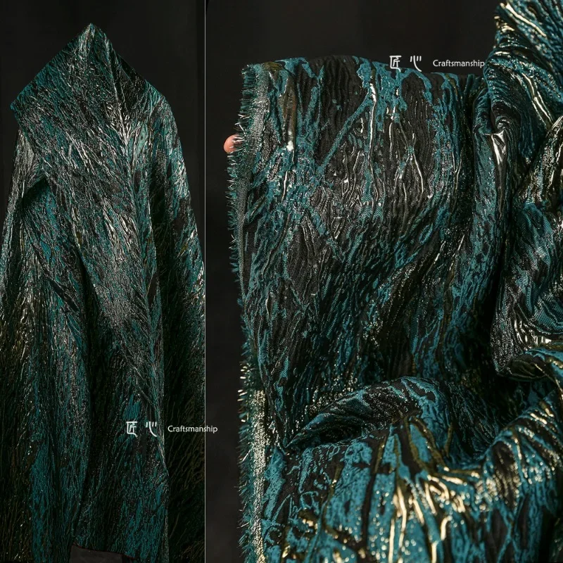 Fluctuating Veins Gilded Jacquard Fabric Green Gold Heavy Texture Silhouette Coat Handmade Bag Clothing DIY Designer Fabrics